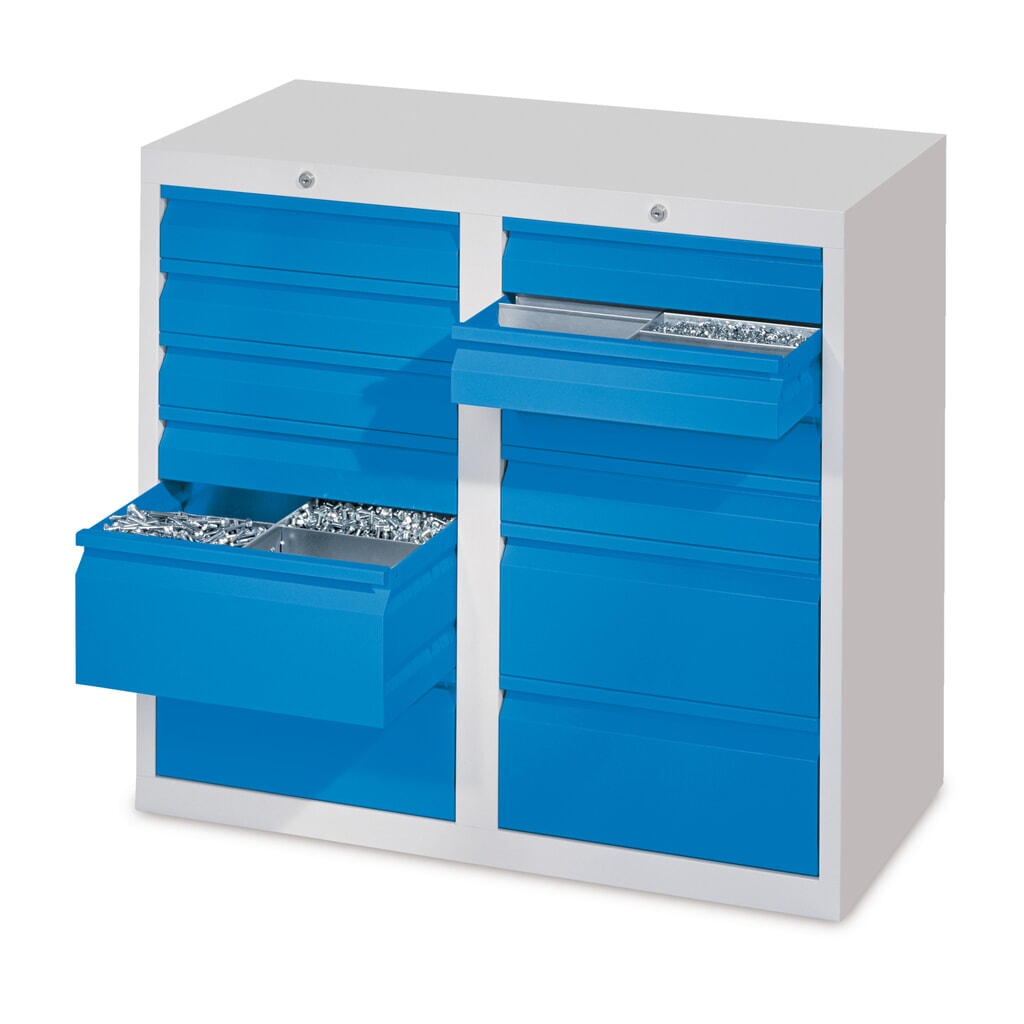 Produktabbildung: PAVOY Leichter Schubladenschrank, Gleitführung, Schubladen 8x100 + 4x200 mm, Breite 1.000 mm, lichtblau, lichtgrau