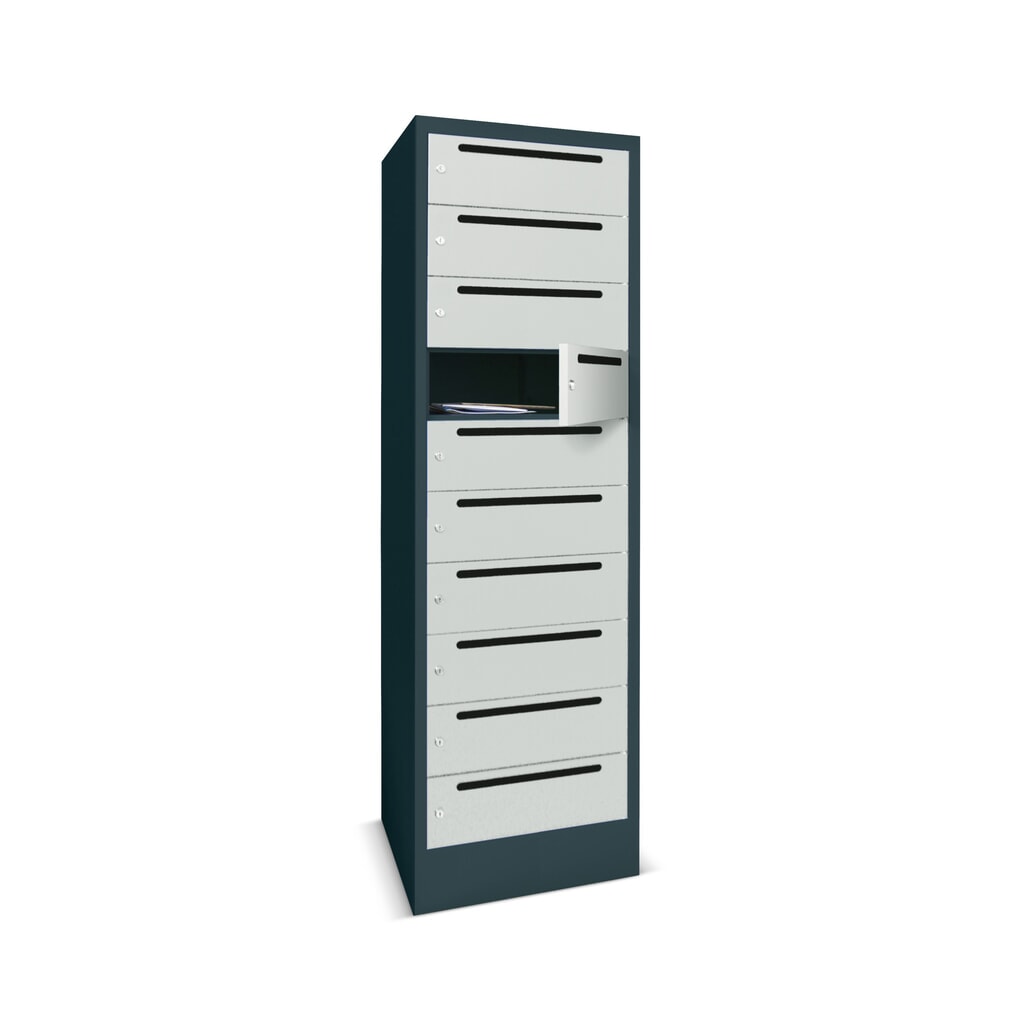 PAVOY Postverteilschrank, 1x 10 Fächer, HxBxT 1.850 x 300 x 500 mm, lichtgrau, anthrazitgrau Produktabbildung: PAVOY Postverteilschrank, 1x 10 Fächer, HxBxT 1.850 x 300 x 500 mm, lichtgrau, anthrazitgrau