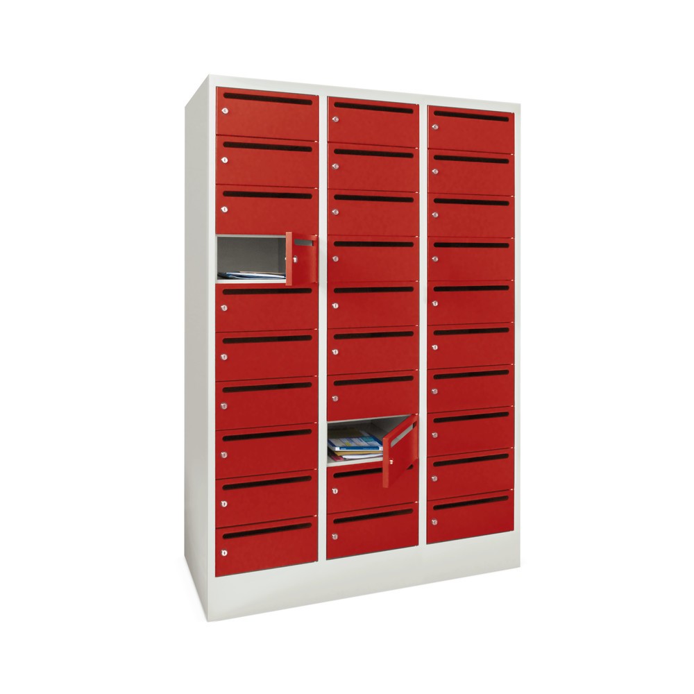 Produktabbildung: PAVOY Postverteilschrank, 3x 10 Fächer, HxBxT 1.850 x 1.200 x 500 mm, rubinrot, zinkgelb