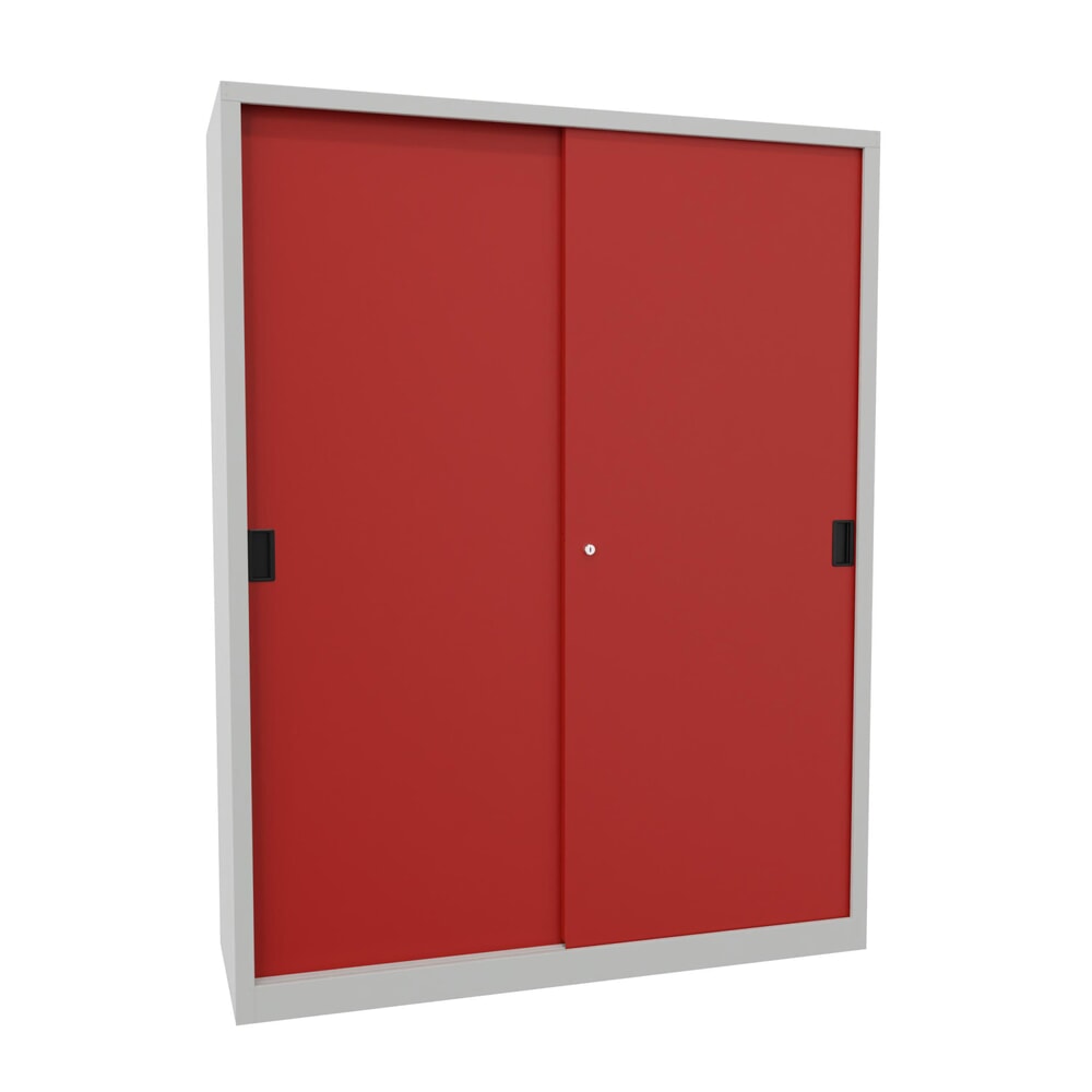 Produktabbildung: PAVOY Schiebetürenschrank mit 8 Fachböden + Trennwand, HxBxT 1.950 x 1.500 x 500 mm, feuerrot, lichtgrau