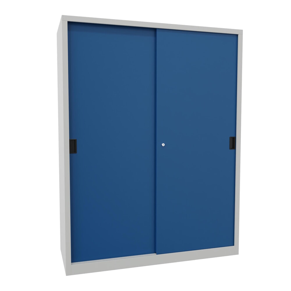Produktabbildung Nr. 1: PAVOY Schiebetürenschrank mit 8 Fachböden + Trennwand, HxBxT 1.950 x 1.500 x 600 mm, enzianblau, lichtgrau