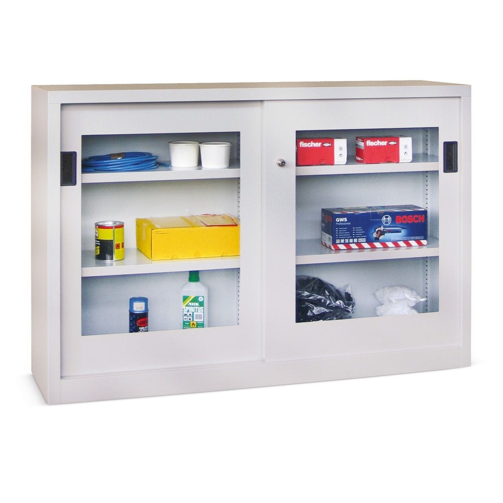 Produktabbildung: PAVOY Schiebetürenschrank mit Sichtfenstern, 2 Fachböden, HxBxT 1.000 x 1.000 x 400 mm, lichtgrau, lichtgrau