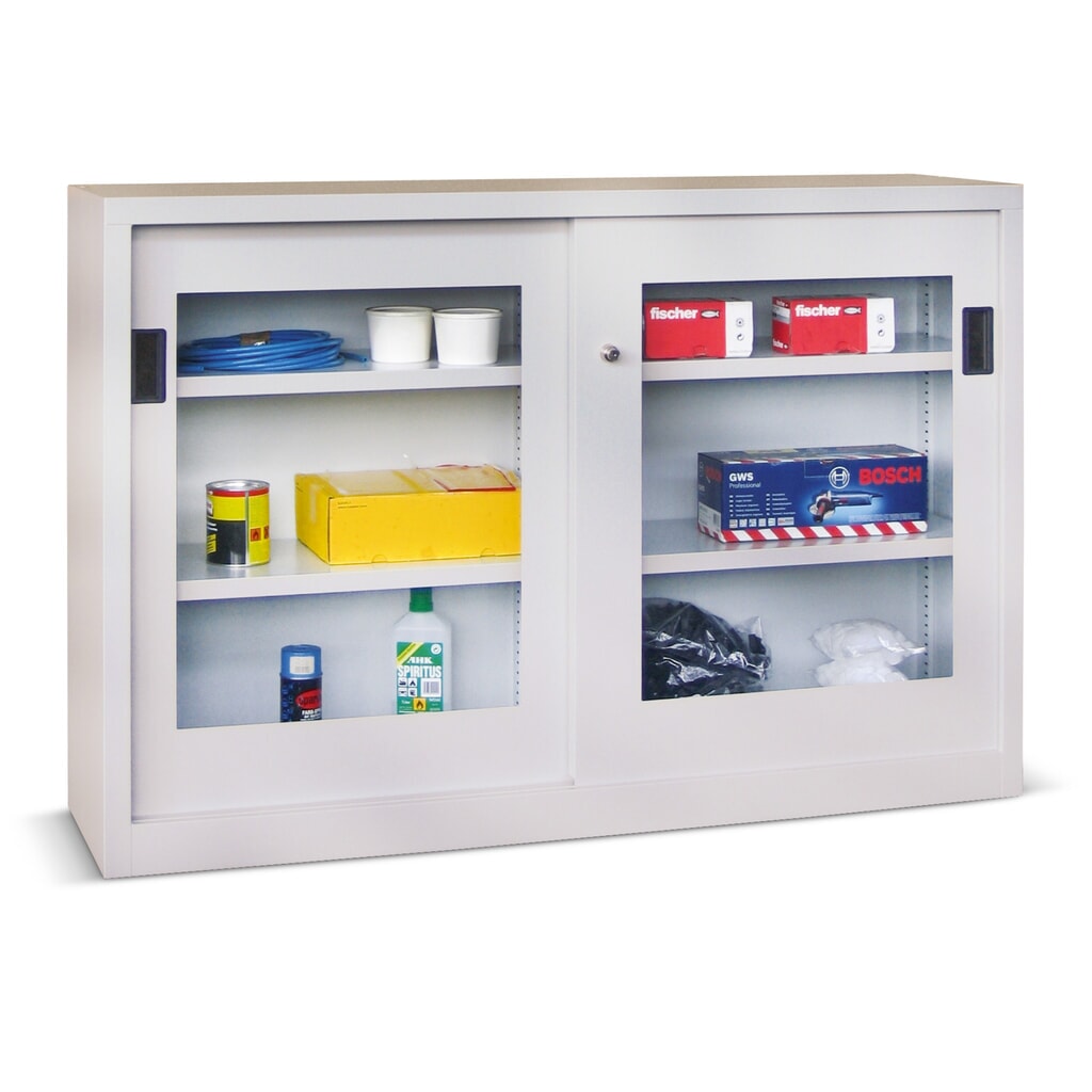 Produktabbildung Nr. 1: PAVOY Schiebetürenschrank mit Sichtfenstern, 2 Fachböden, HxBxT 1.000 x 1.000 x 500 mm, lichtgrau, lichtgrau
