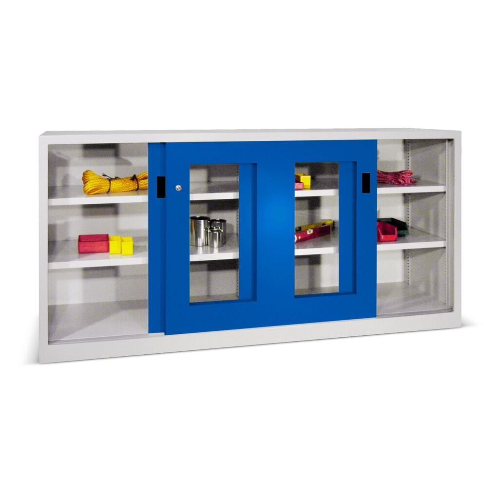 Produktabbildung: PAVOY Schiebetürenschrank mit Sichtfenstern, 4 Fachböden + Trennwand, HxBxT 1.000 x 2.000 x 600 mm, enzianblau, lichtgrau