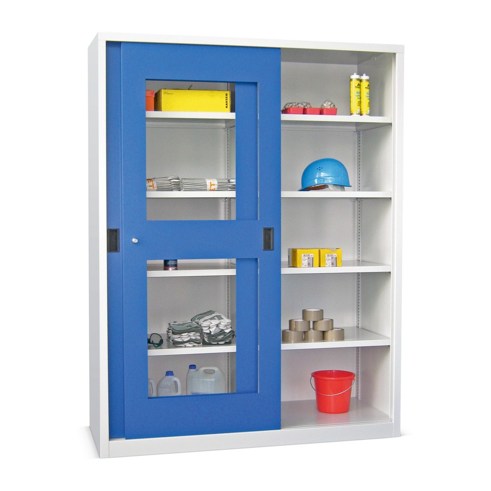 Produktabbildung: PAVOY Schiebetürenschrank mit Sichtfenstern, 8 Fachböden + Trennwand, HxBxT 1.950 x 1.500 x 600 mm, reinweiß, reinweiß