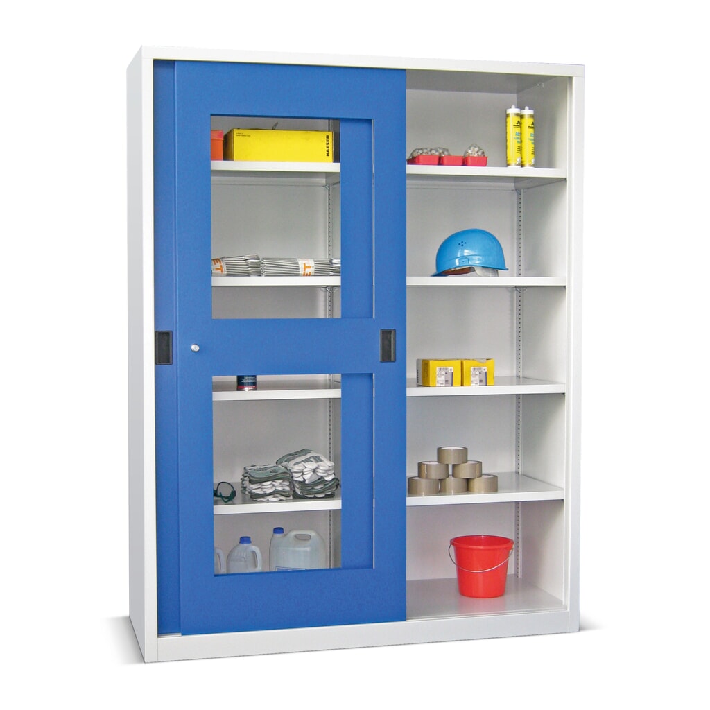 PAVOY Schiebetürenschrank mit Sichtfenstern, 8 Fachböden + Trennwand, HxBxT 1.950 x 1.500 x 400 mm, enzianblau, lichtgrau Produktabbildung: PAVOY Schiebetürenschrank mit Sichtfenstern, 8 Fachböden + Trennwand, HxBxT 1.950 x 1.500 x 400 mm, enzianblau, lichtgrau