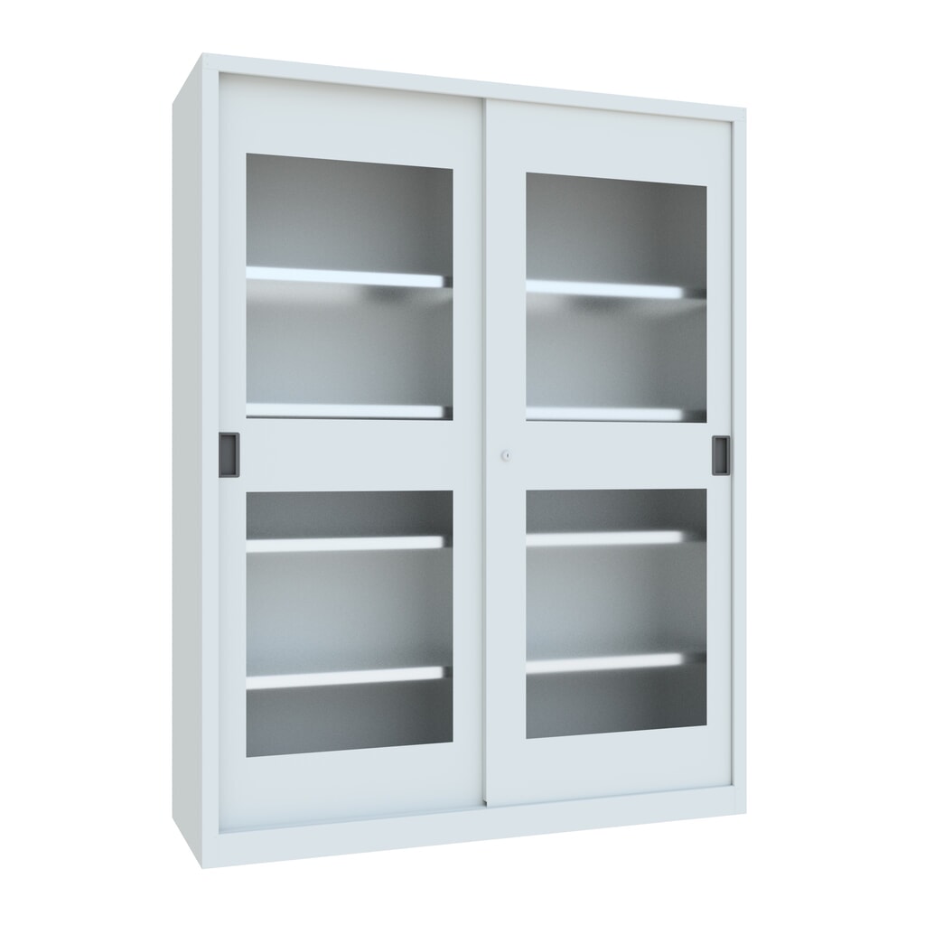 PAVOY Schiebetürenschrank mit Sichtfenstern, 8 Fachböden + Trennwand, HxBxT 1.950 x 1.500 x 500 mm, lichtgrau, lichtgrau Produktabbildung: PAVOY Schiebetürenschrank mit Sichtfenstern, 8 Fachböden + Trennwand, HxBxT 1.950 x 1.500 x 500 mm, lichtgrau, lichtgrau