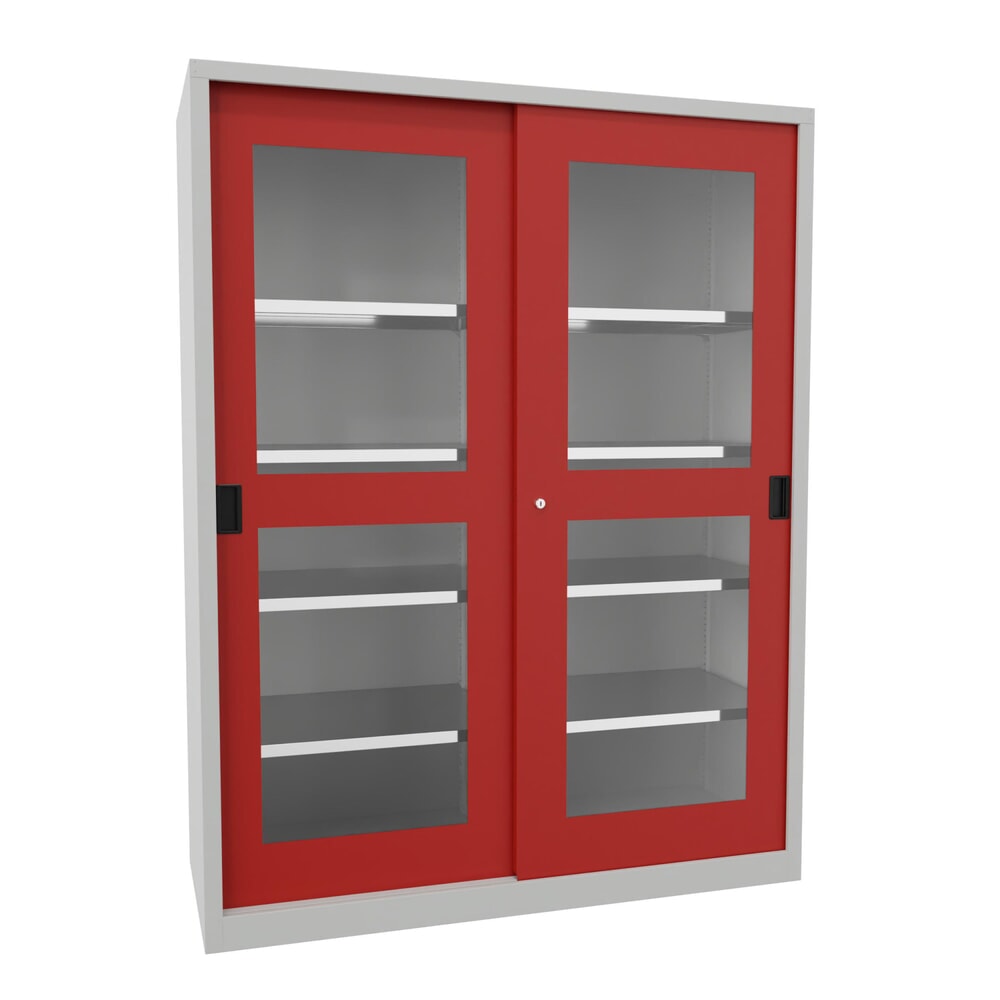 Produktabbildung Nr. 1: PAVOY Schiebetürenschrank mit Sichtfenstern, 8 Fachböden + Trennwand, HxBxT 1.950 x 1.500 x 600 mm, feuerrot, lichtgrau