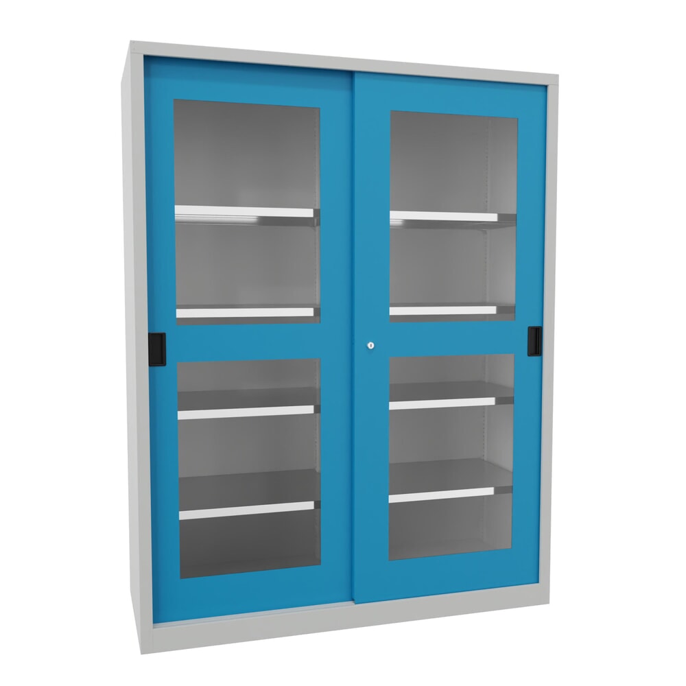 Produktabbildung Nr. 1: PAVOY Schiebetürenschrank mit Sichtfenstern, 8 Fachböden + Trennwand, HxBxT 1.950 x 1.500 x 600 mm, lichtblau, lichtgrau