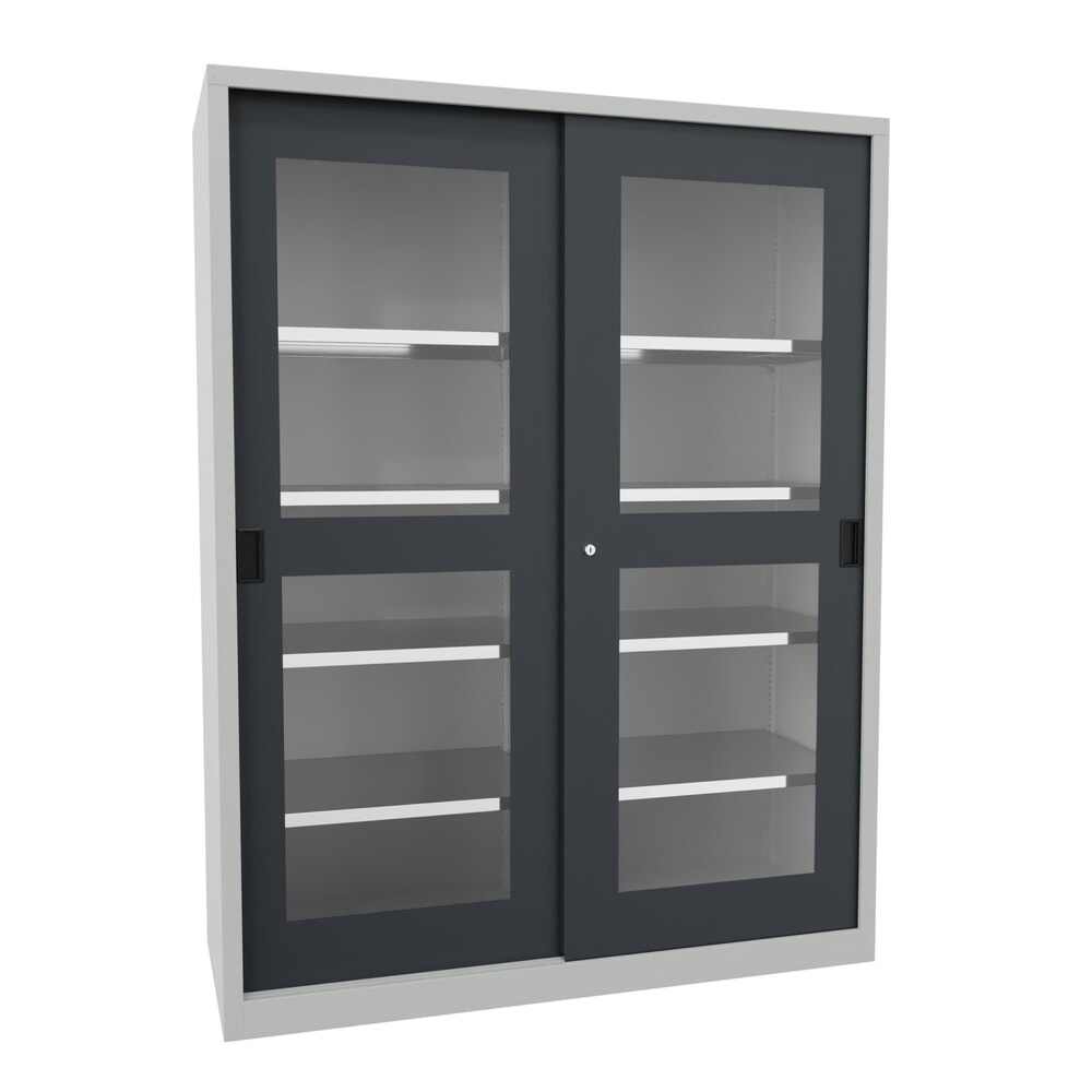Produktabbildung Nr. 1: PAVOY Schiebetürenschrank mit Sichtfenstern, 8 Fachböden + Trennwand, HxBxT 1.950 x 1.500 x 600 mm, anthrazitgrau, lichtgrau