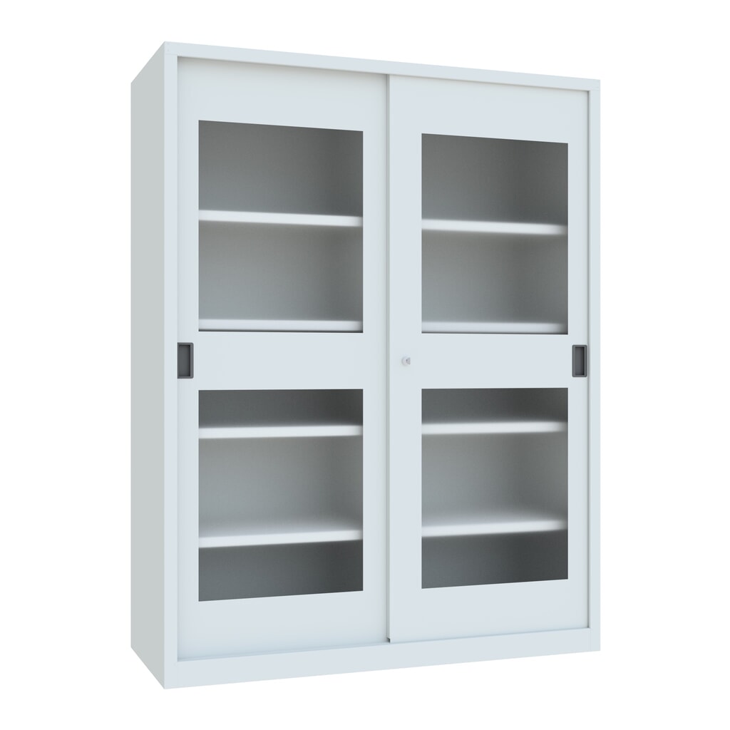PAVOY Schiebetürenschrank mit Sichtfenstern, 8 Fachböden + Trennwand, HxBxT 1.950 x 1.500 x 600 mm, lichtgrau, lichtgrau Produktabbildung: PAVOY Schiebetürenschrank mit Sichtfenstern, 8 Fachböden + Trennwand, HxBxT 1.950 x 1.500 x 600 mm, lichtgrau, lichtgrau