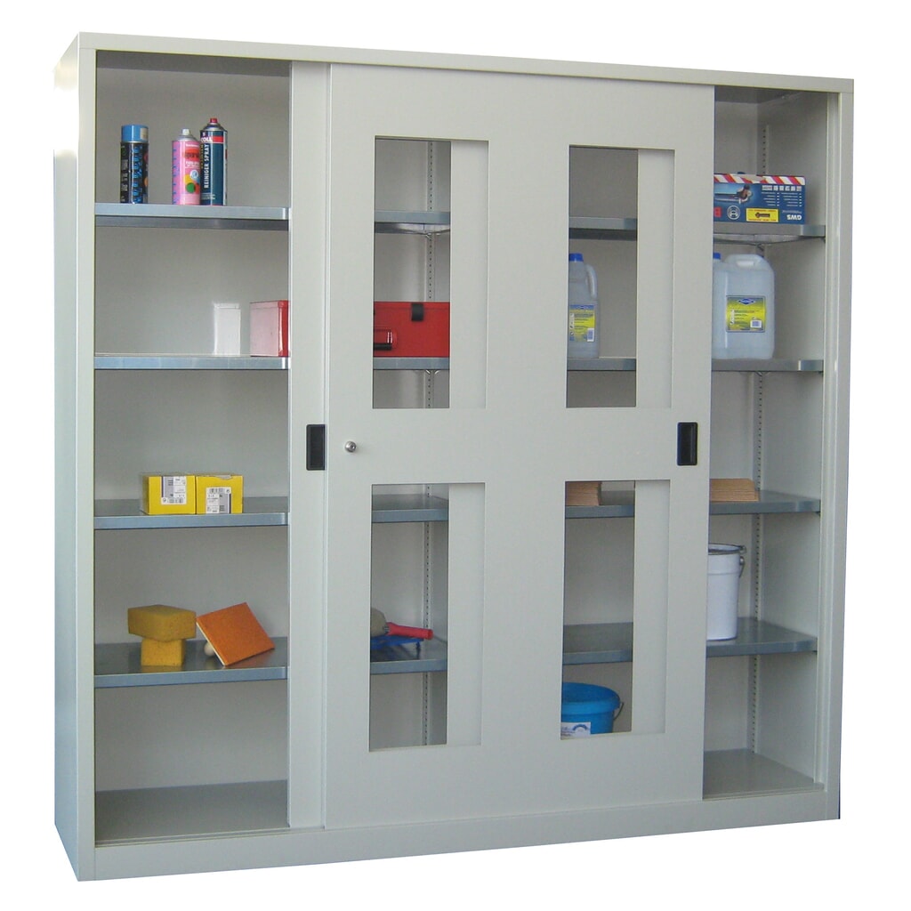 Produktabbildung Nr. 2: PAVOY Schiebetürenschrank mit Sichtfenstern, 8 Fachböden + Trennwand, HxBxT 1.950 x 2.000 x 500 mm, enzianblau, lichtgrau