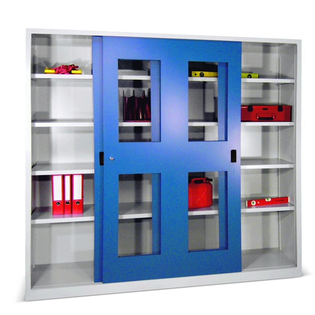 Produktabbildung: PAVOY Schiebetürenschrank mit Sichtfenstern, 8 Fachböden + Trennwand, HxBxT 1.950 x 2.000 x 500 mm, enzianblau, lichtgrau