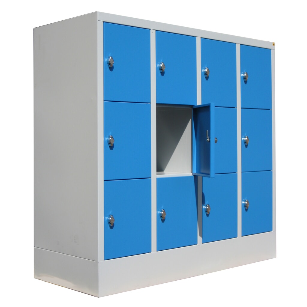 PAVOY Schließfachschrank mit Drehriegelverschluss, 4 x 3 Fächer, lichtgrau, lichtblau Produktabbildung: PAVOY Schließfachschrank mit Drehriegelverschluss, 4 x 3 Fächer, lichtgrau, lichtblau