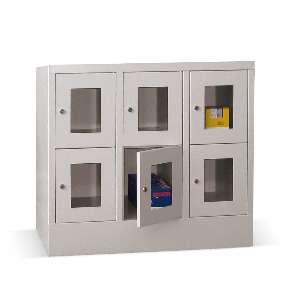 Produktabbildung: PAVOY Schließfachschrank mit Sichtfenster, 3 x 2 Fächer, HxBxT 855 x 900 x 500 mm, lichtgrau, lichtgrau