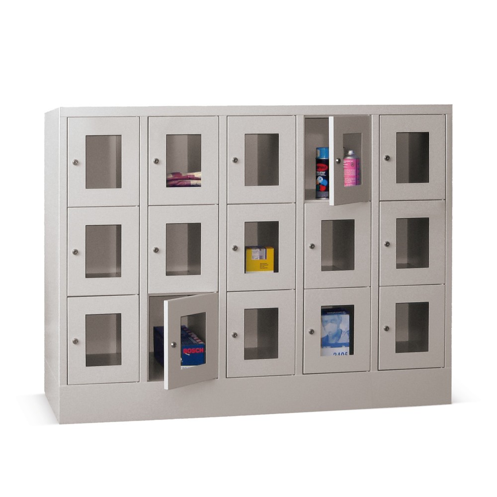 Produktabbildung Nr. 1: PAVOY Schließfachschrank mit Sichtfenster, 5 x 3 Fächer, HxBxT 1.187 x 1.500 x 500 mm, rubinrot, lichtgrau