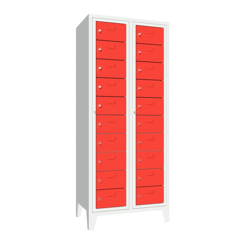 Produktabbildung: PAVOY Schließfachschrank mit Zentraltür, 2 x 10 Fächer, HxBxT 1.850 x 770 x 500 mm, mit Füßen, feuerrot, lichtgrau