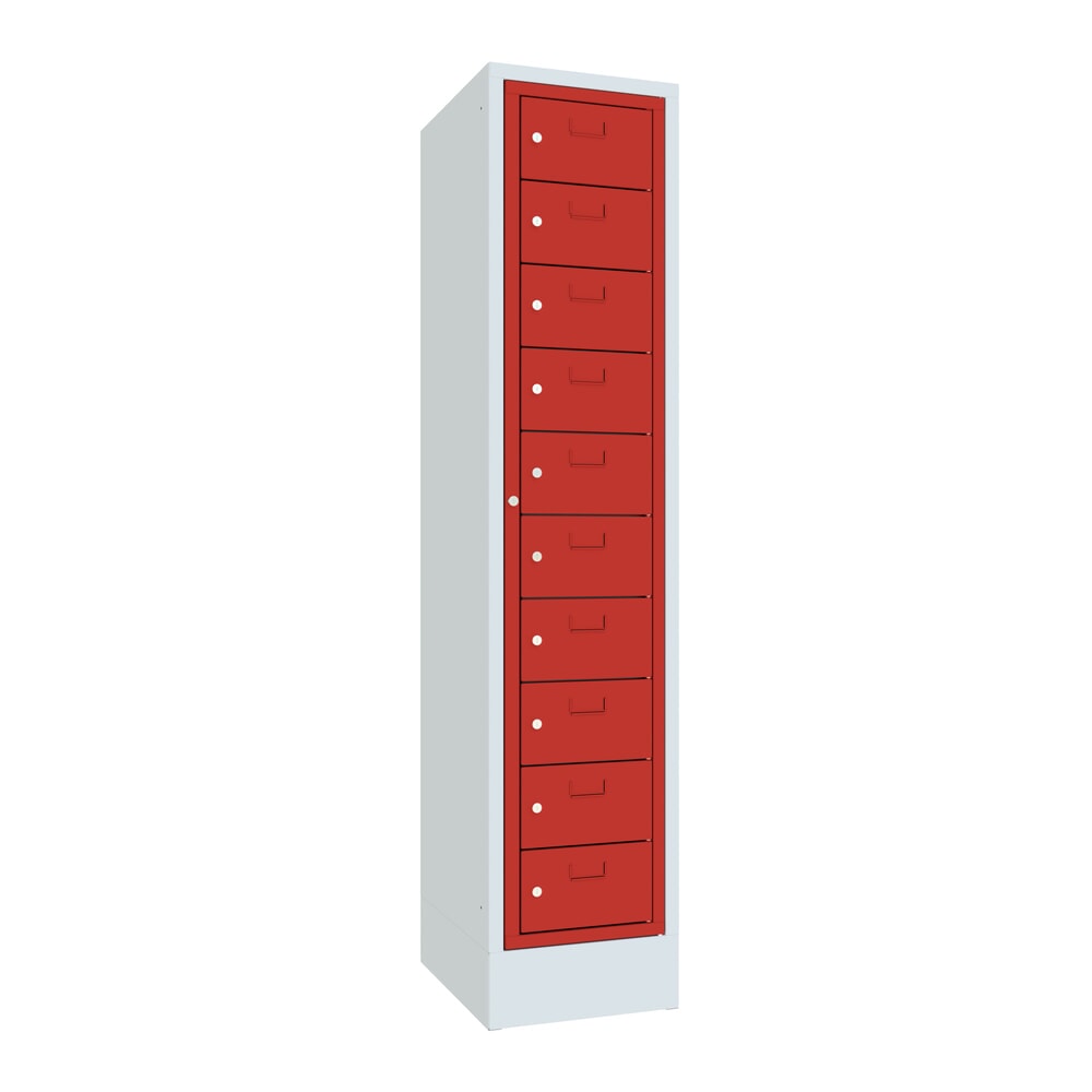 Produktabbildung: PAVOY Schließfachschrank mit Zentraltür, 1 x 10 Fächer, HxBxT 1.850 x 400 x 500 mm, mit Sockel, feuerrot, lichtgrau
