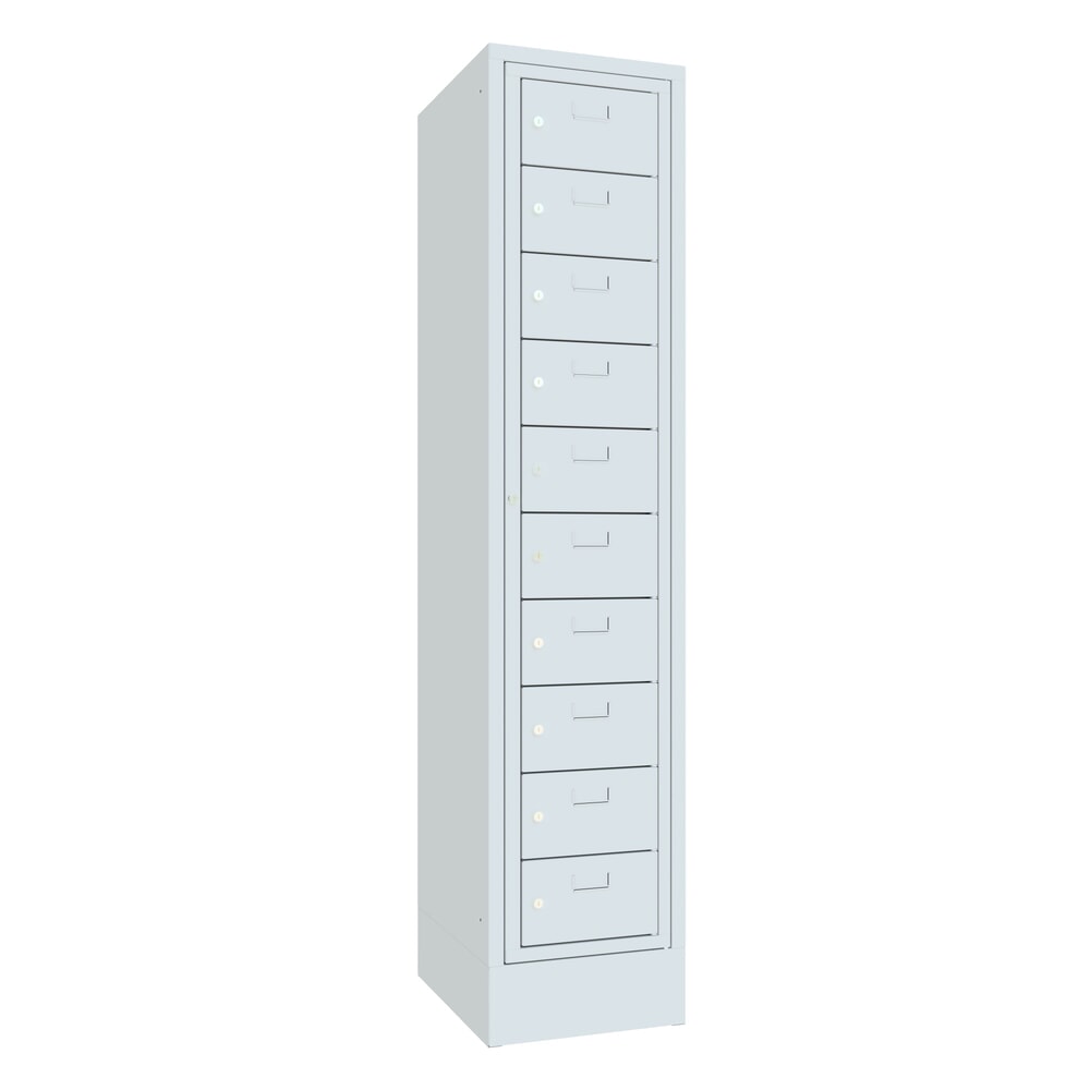 Produktabbildung Nr. 1: PAVOY Schließfachschrank mit Zentraltür, 1 x 10 Fächer, HxBxT 1.850 x 400 x 500 mm, mit Sockel, lichtgrau, lichtgrau