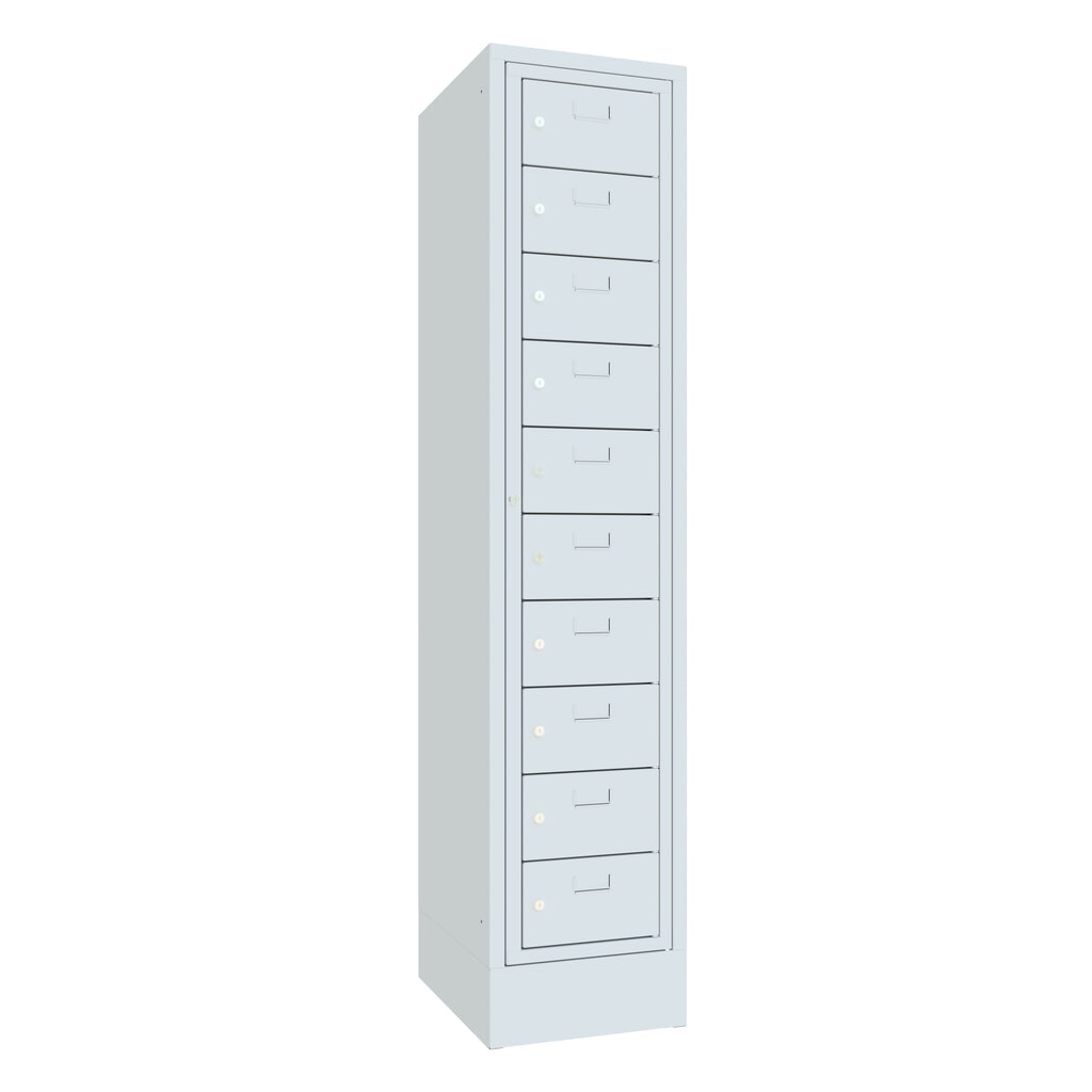 Produktabbildung: PAVOY Schließfachschrank mit Zentraltür, 1 x 10 Fächer, HxBxT 1.850 x 400 x 500 mm, mit Sockel, lichtgrau, lichtgrau