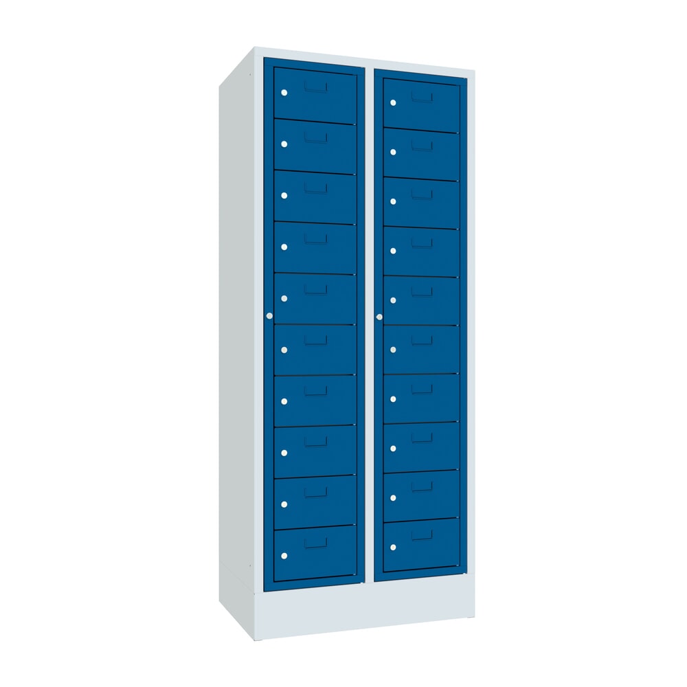 Produktabbildung Nr. 1: PAVOY Schließfachschrank mit Zentraltür, 2 x 10 Fächer, HxBxT 1.850 x 770 x 500 mm, mit Sockel, enzianblau, lichtgrau