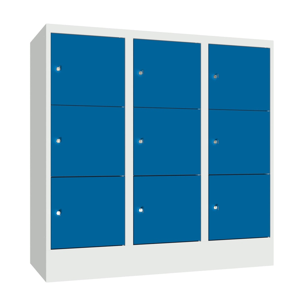 Produktabbildung: PAVOY Schließfachschrank mit Zylinderschloss, 3 x 3 Fächer, HxBxT 1.187 x 1.200 x 500 mm, enzianblau, lichtgrau