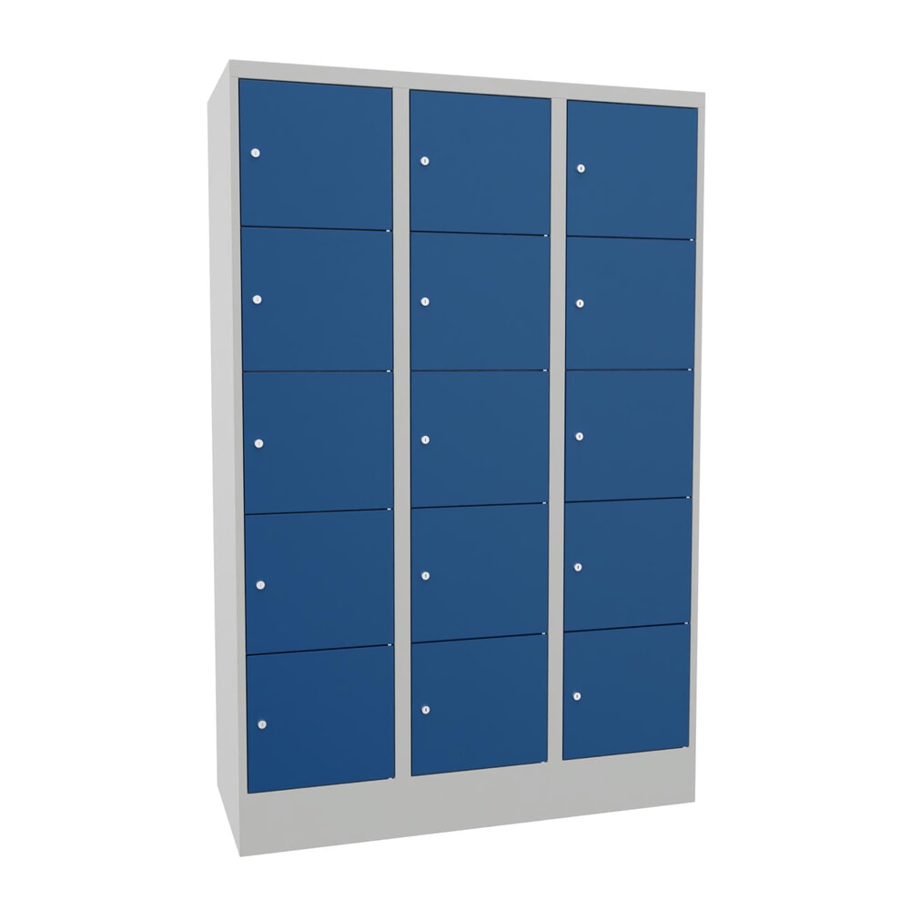 Produktabbildung Nr. 1: PAVOY Schließfachschrank mit Zylinderschloss, 3 x 5 Fächer, HxBxT 1.850 x 1.200 x 500 mm, enzianblau, lichtgrau