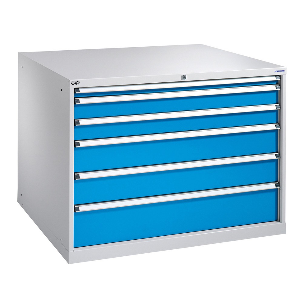 Produktabbildung: PAVOY Schubladenschrank, Höhe 1.000 mm, Schubladen 1x100 + 4x200 mm, Breite 715 mm, lichtgrau, enzianblau