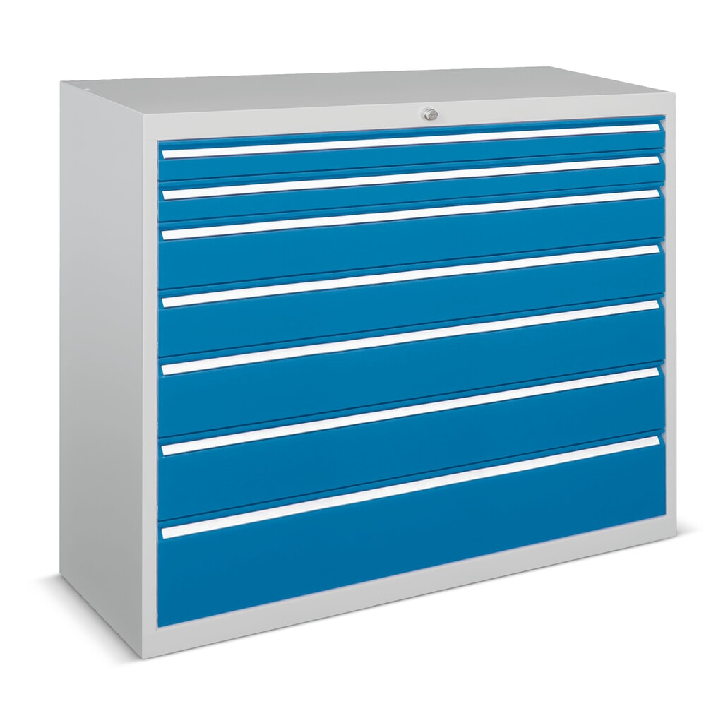 PAVOY Schubladenschrank, Höhe 1.000 mm, Schubladen 8x75 + 1x100 + 1x200 mm, Breite 715 mm, lichtgrau, lichtblau Produktabbildung Nr. 1: PAVOY Schubladenschrank, Höhe 1.000 mm, Schubladen 8x75 + 1x100 + 1x200 mm, Breite 715 mm, lichtgrau, lichtblau