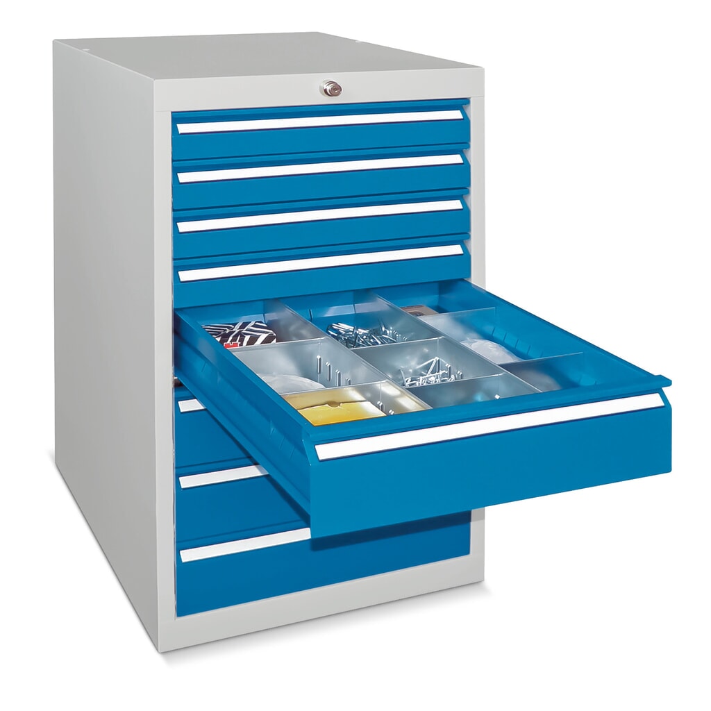 PAVOY Schubladenschrank, Höhe 1.000 mm, Schubladen 6x150 mm, Breite 500 mm, lichtgrau, lichtblau Produktabbildung Nr. 1: PAVOY Schubladenschrank, Höhe 1.000 mm, Schubladen 6x150 mm, Breite 500 mm, lichtgrau, lichtblau