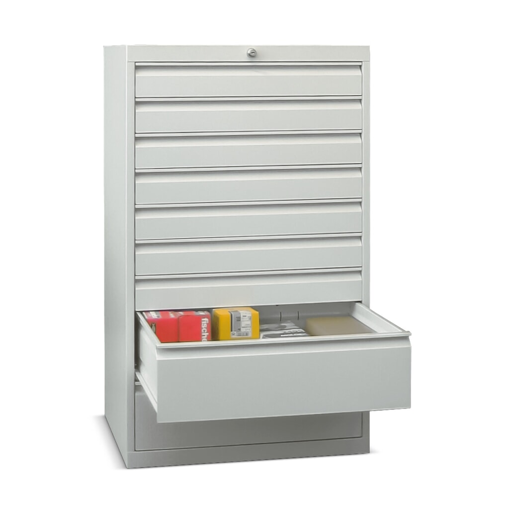 Produktabbildung: PAVOY Schubladenschrank, Höhe 1.200 mm, Schubladen 1x100 + 5x200 mm, Breite 715 mm, lichtgrau, feuerrot