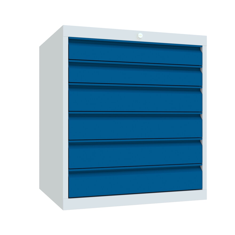 Produktabbildung: PAVOY Schubladenschrank, Höhe 800 mm, Schubladen 2x100 + 4x125 mm, Breite 715 mm, lichtgrau, enzianblau