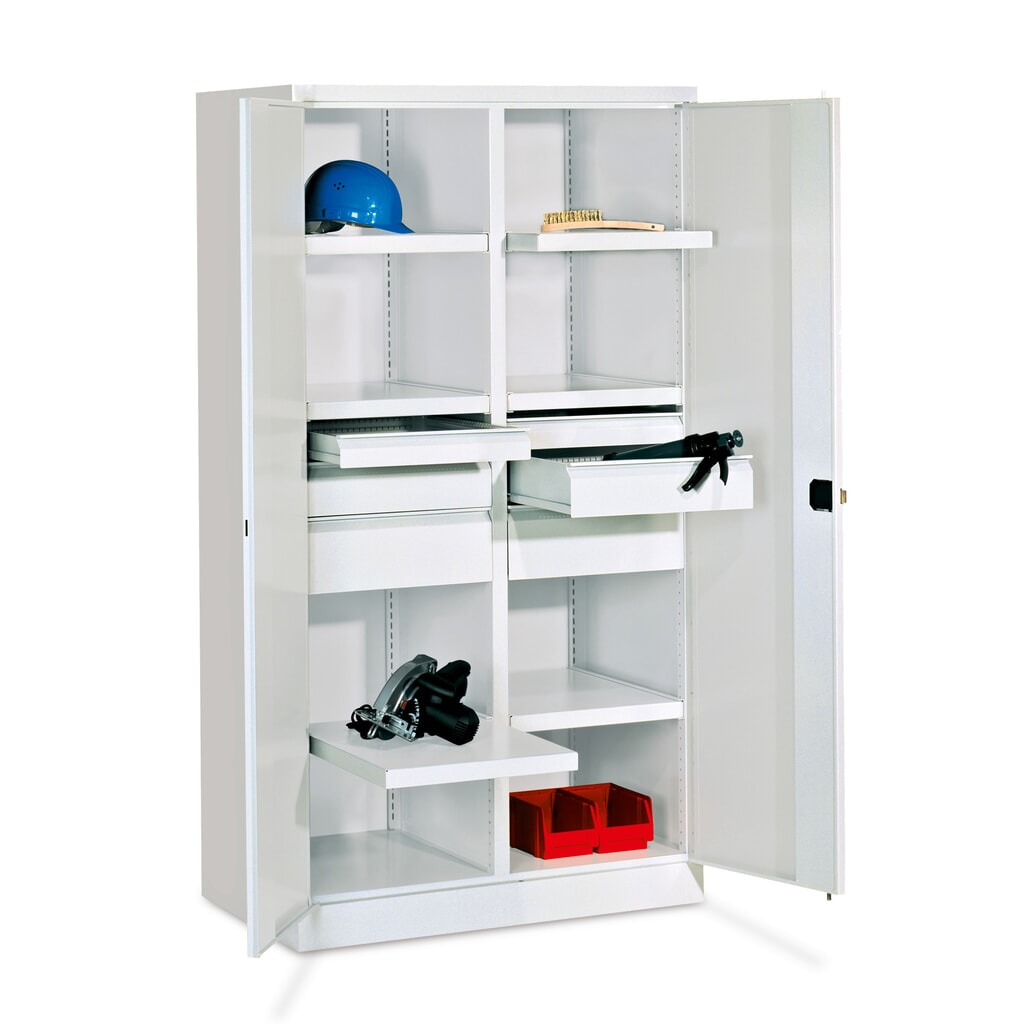 PAVOY Schwerlastschrank Premium mit Mittelwand, 6 Fachböden + Schubladen 6x175 mm, lichtgrau, lichtgrau Produktabbildung: PAVOY Schwerlastschrank Premium mit Mittelwand, 6 Fachböden + Schubladen 6x175 mm, lichtgrau, lichtgrau