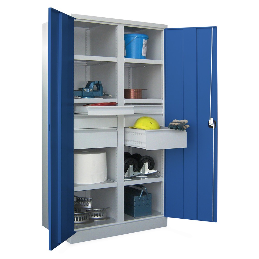 Produktabbildung Nr. 3: PAVOY Schwerlastschrank Premium mit Mittelwand, 6 Fachböden + Schubladen 6x125 mm, himmelblau, lichtgrau