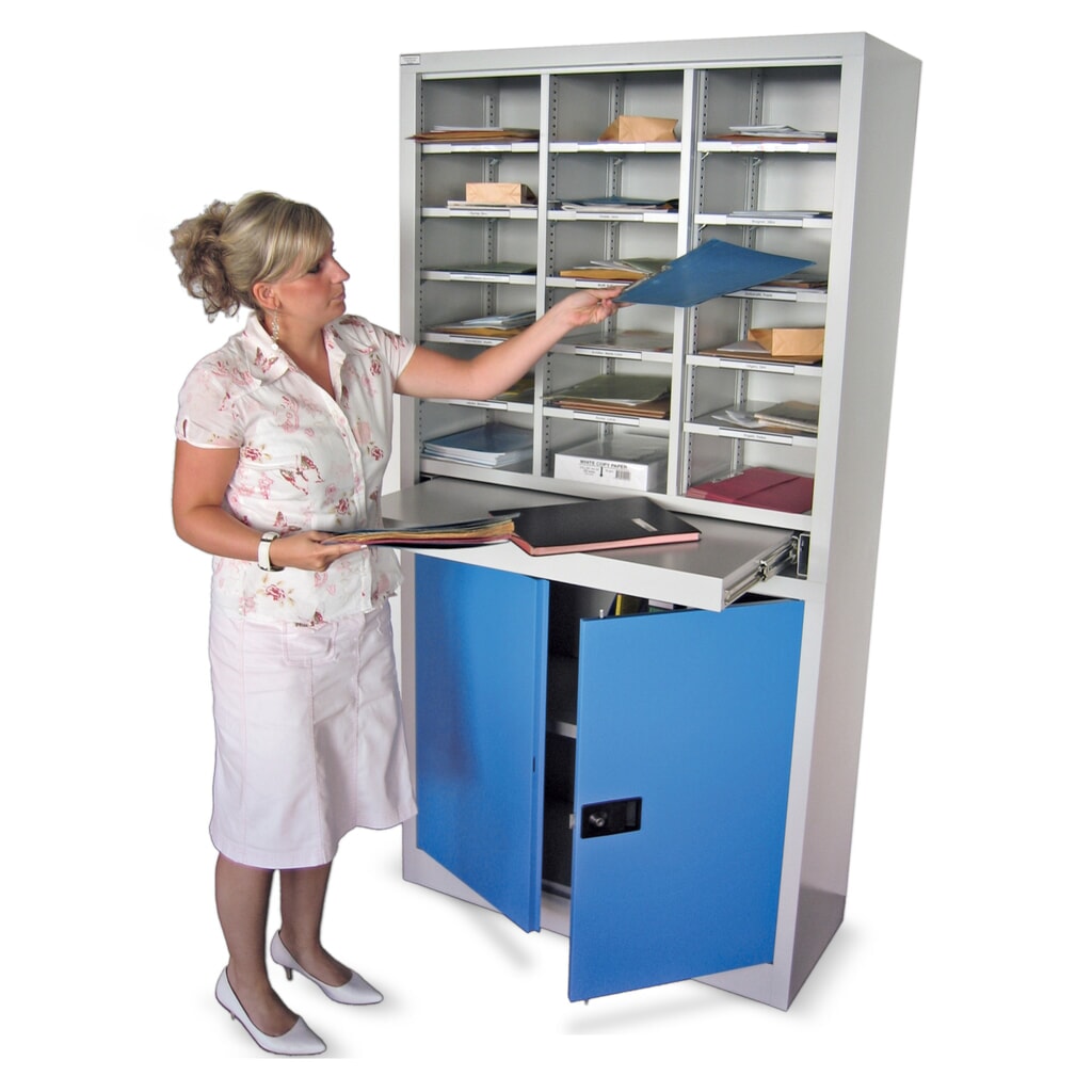 PAVOY Sortierschrank, 18 Fächer + Flügeltürschrank, lichtgrau, lichtblau Produktabbildung Nr. 1: PAVOY Sortierschrank, 18 Fächer + Flügeltürschrank, lichtgrau, lichtblau