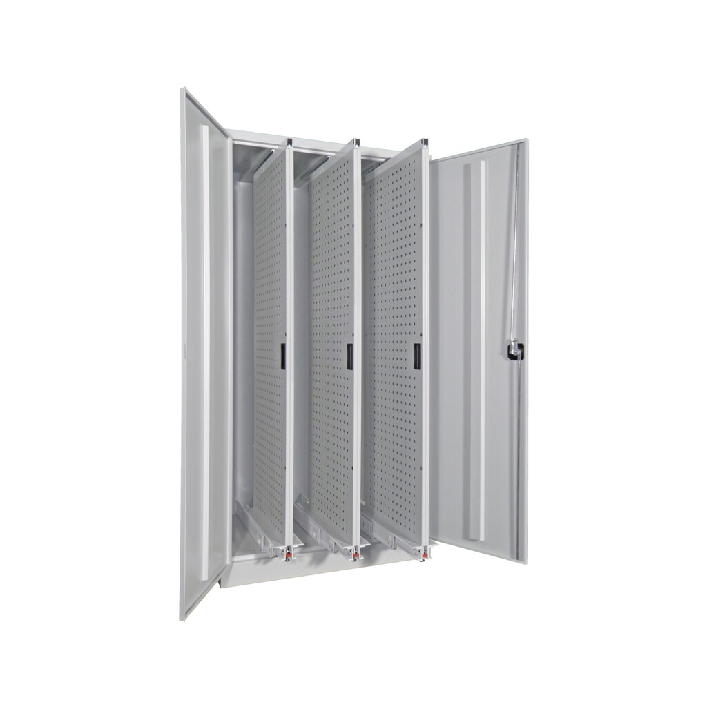 Produktabbildung: PAVOY Vertikalauszugschrank mit Lochwänden, 3 Auszüge, HxBxT 1.950 x 1.000 x 600 mm, lichtgrau, lichtblau