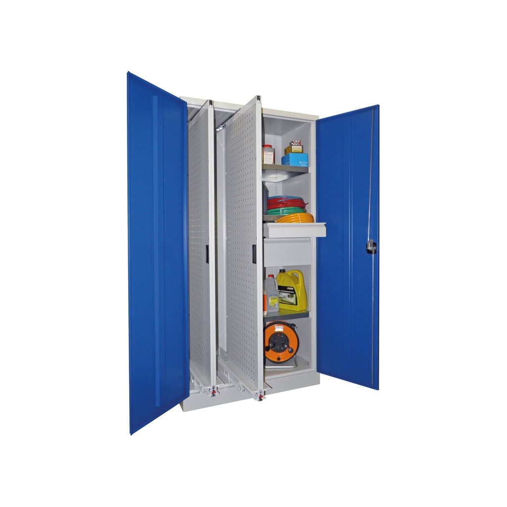 Produktabbildung Nr. 1: PAVOY Vertikalauszugschrank mit Trennwand + 2 Lochwandauszügen + 3 Böden + 2 Schubladen, enzianblau, lichtgrau