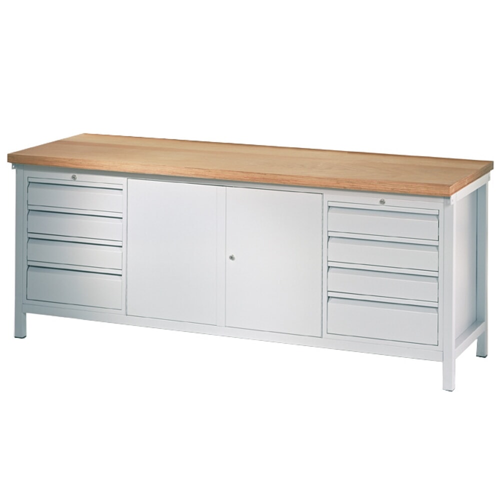Produktabbildung: PAVOY Werkbank mit 2 Schubladenblöcken + Schrank, HxBxT 900 x 2.000 x 700 mm, lichtgrau, lichtgrau