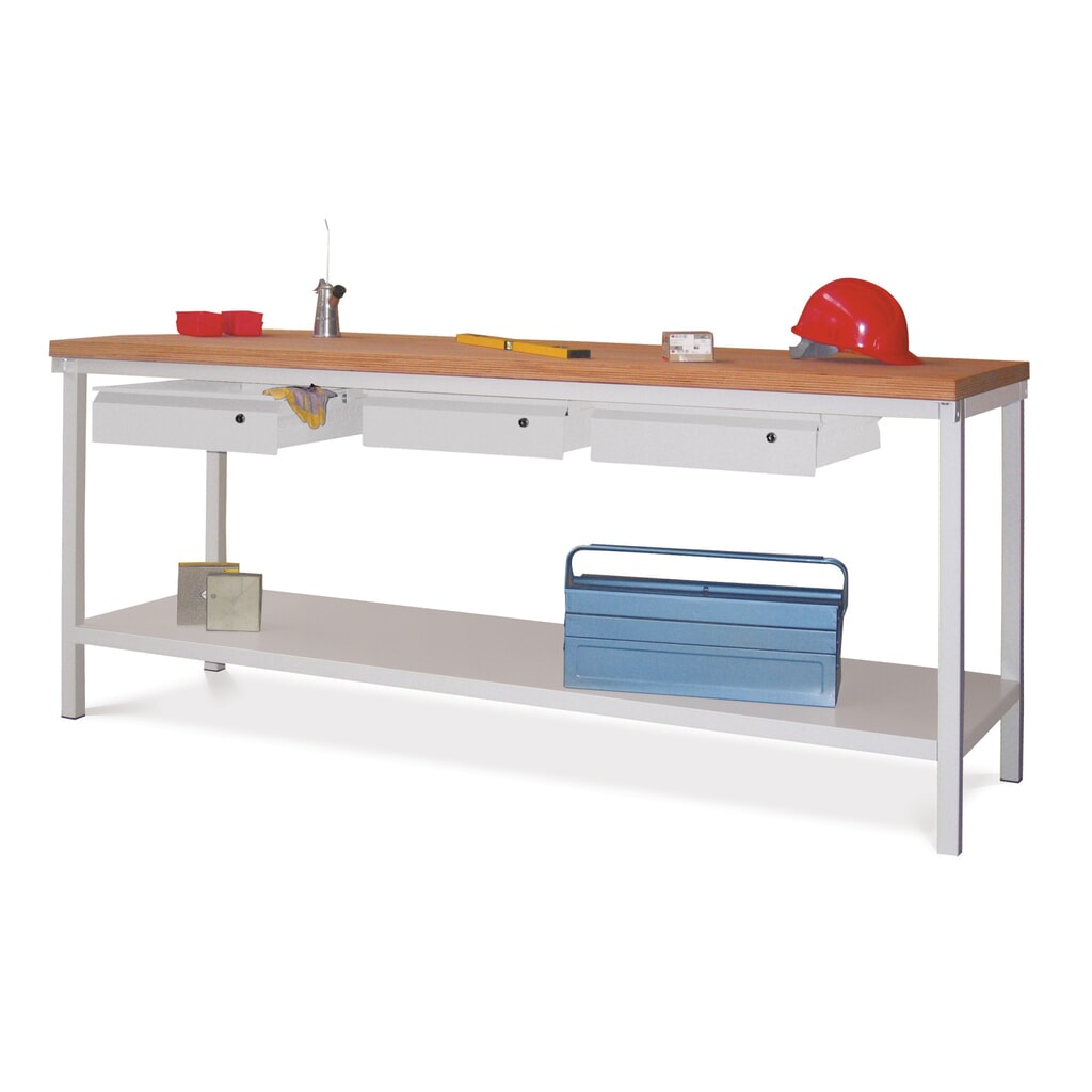 PAVOY Werktisch mit Schublade + Ablageboden, HxBxT 900 x 2.000 x 700 mm, lichtgrau, lichtgrau Produktabbildung Nr. 1: PAVOY Werktisch mit Schublade + Ablageboden, HxBxT 900 x 2.000 x 700 mm, lichtgrau, lichtgrau