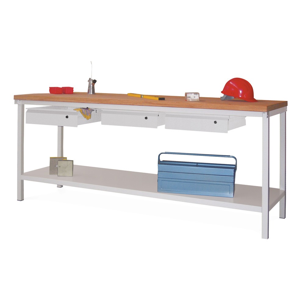 Produktabbildung: PAVOY Werktisch mit 3 Schubladen + Ablageboden, HxBxT 900 x 2.000 x 700 mm, enzianblau, lichtgrau