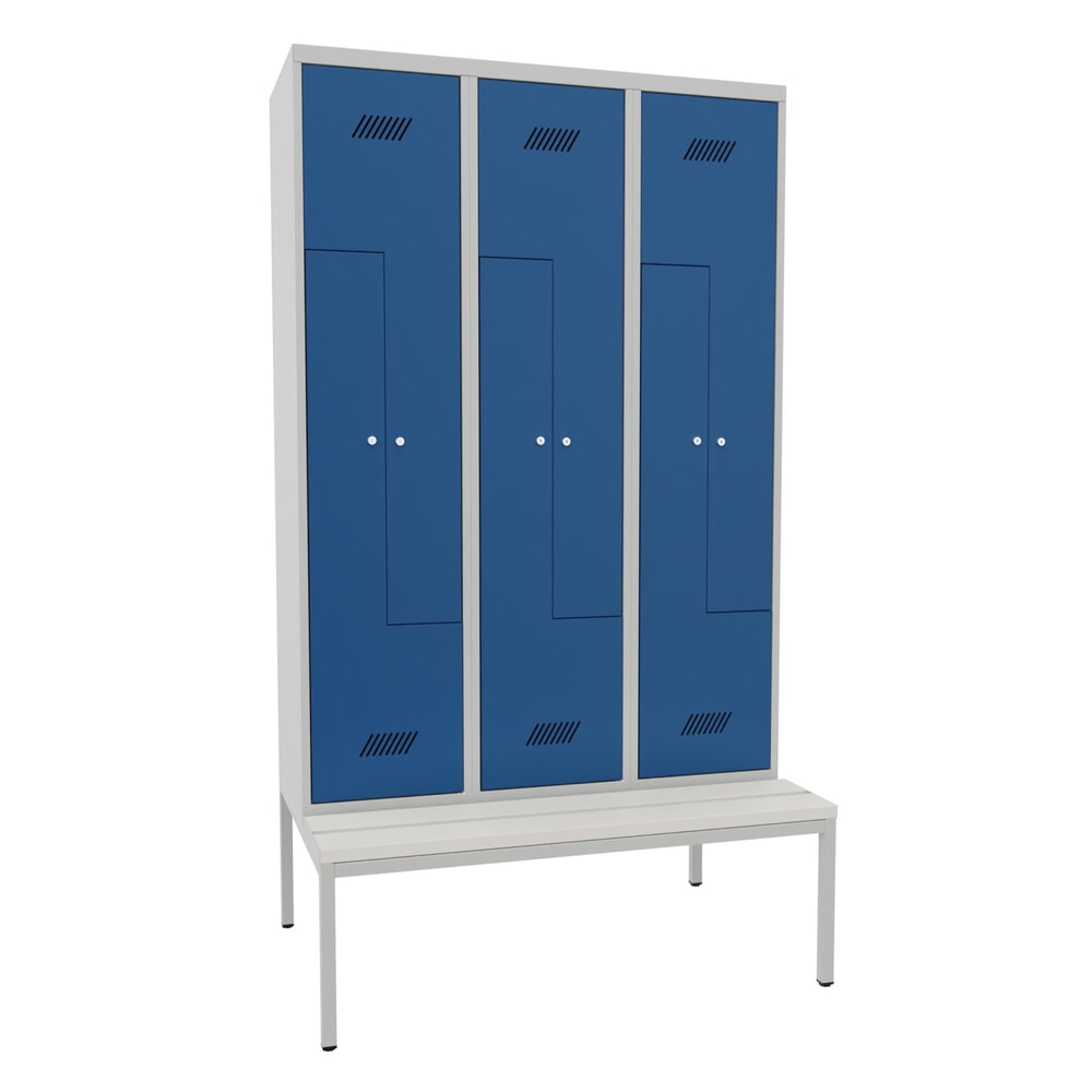 Produktabbildung Nr. 1: PAVOY Z-Spind mit Sitzbank, 3 Abteile, 6 Fächer, Zylinderschloss, lichtgrau, enzianblau, Kunststoff weiß