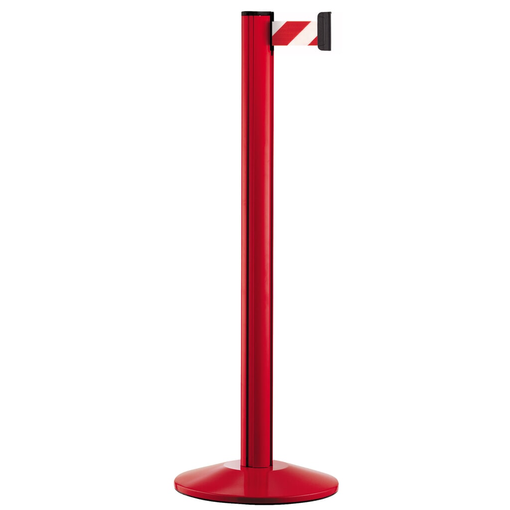 Personen-Leitsystem Classic, Ständer rot, Gurtfarbe rot / weiß diagonal gestreift Produktabbildung: Personen-Leitsystem Classic, Ständer rot, Gurtfarbe rot / weiß diagonal gestreift