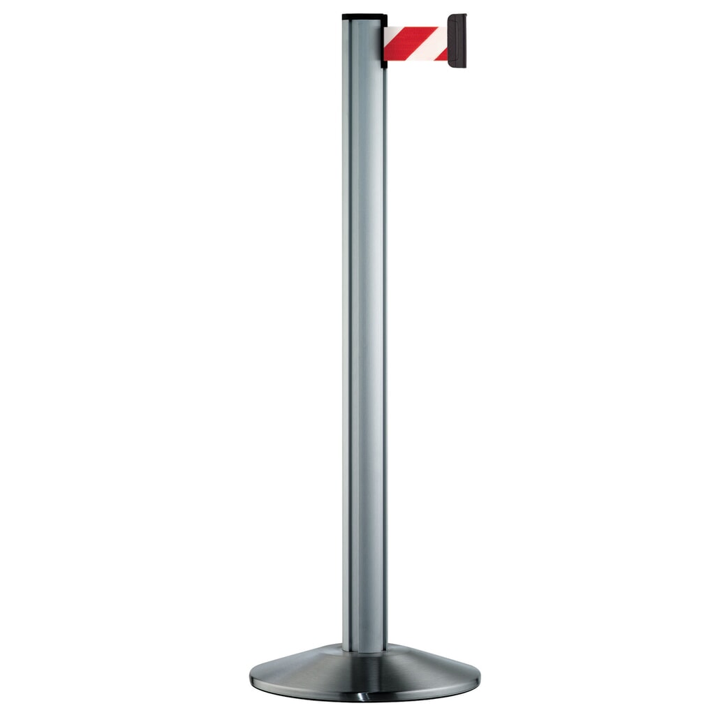Produktabbildung: Personen-Leitsystem Classic, Ständer satiniert, Gurtfarbe rot / weiß diagonal gestreift