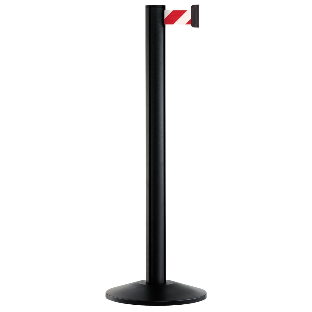 Personen-Leitsystem Classic, Ständer schwarz, Gurtfarbe rot / weiß diagonal gestreift Produktabbildung: Personen-Leitsystem Classic, Ständer schwarz, Gurtfarbe rot / weiß diagonal gestreift