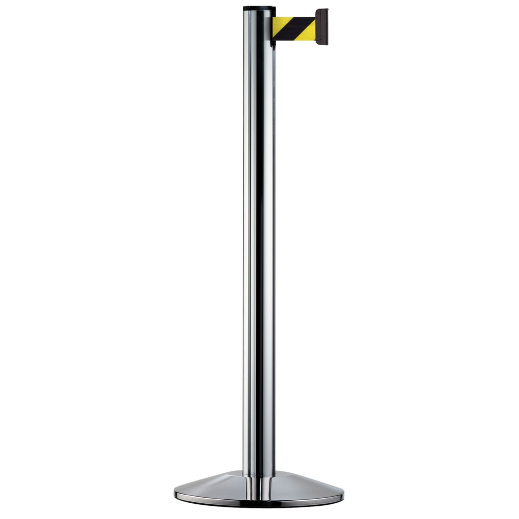 Personen-Leitsystem Classic, Ständer verchromt, Gurtfarbe schwarz / gelb diagonal gestreift Produktabbildung: Personen-Leitsystem Classic, Ständer verchromt, Gurtfarbe schwarz / gelb diagonal gestreift