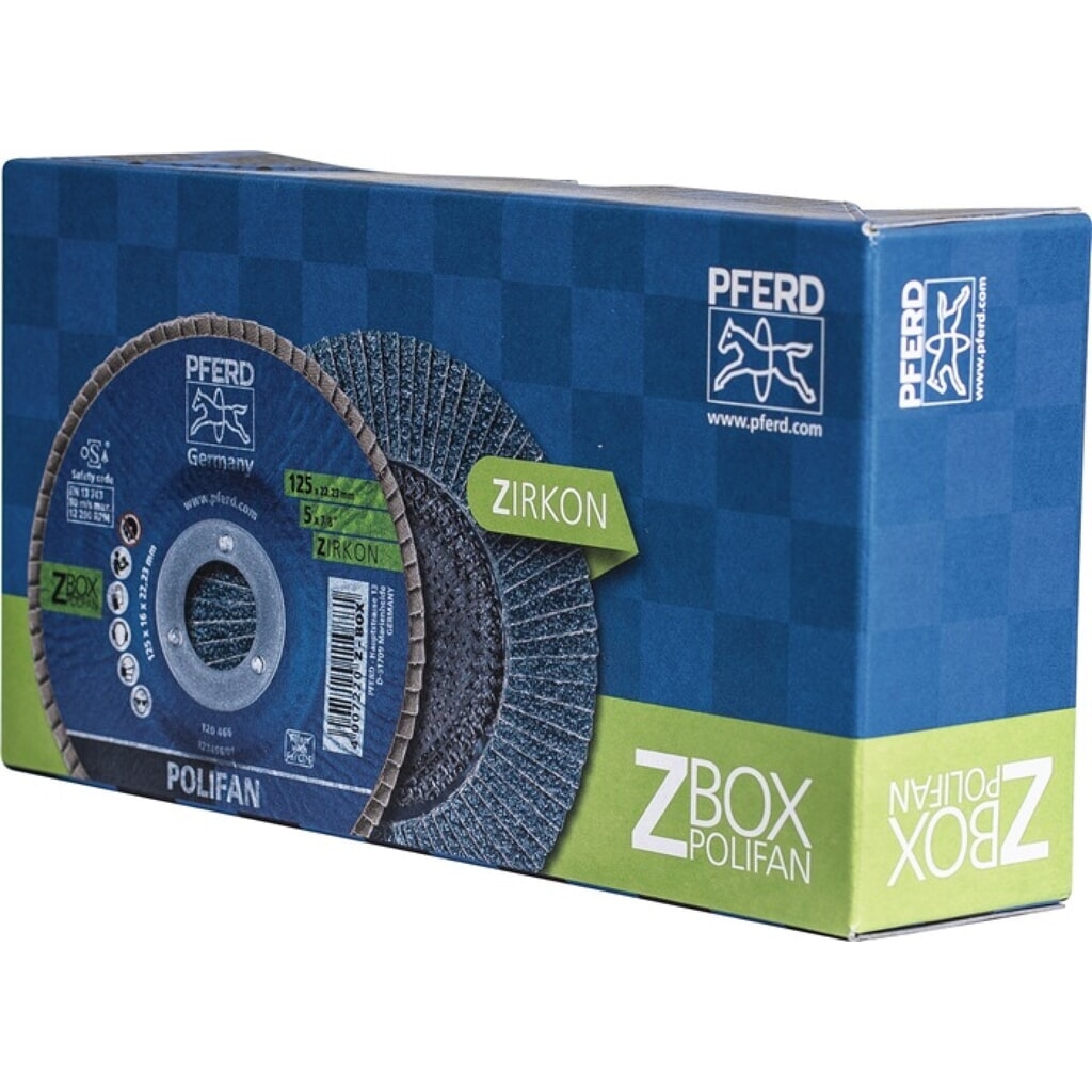 Produktabbildung: PFERD Fächerscheibe POLIFAN Z BOX D.125mm K.Z-40 kon.INOX ZK 10er Box