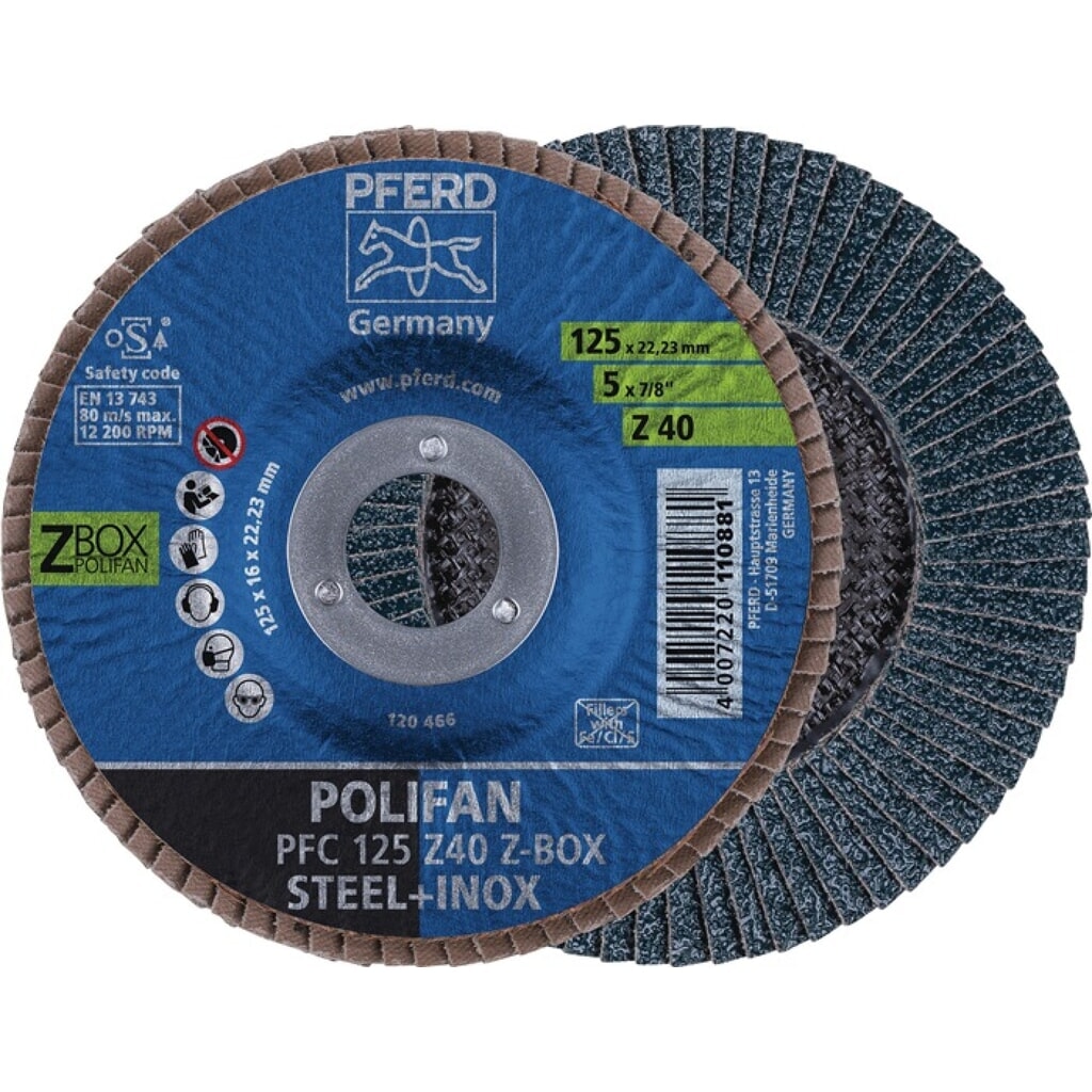 PFERD Fächerscheibe POLIFAN Z BOX D.125mm K.Z-40 kon.INOX ZK 10er Box Produktabbildung Nr. 2: PFERD Fächerscheibe POLIFAN Z BOX D.125mm K.Z-40 kon.INOX ZK 10er Box