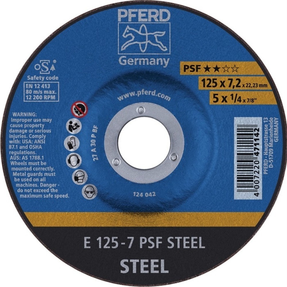 Produktabbildung: PFERD Schruppscheibe PSF STEEL D125xS7,2mm gekr.STA Bohr.22,23mm