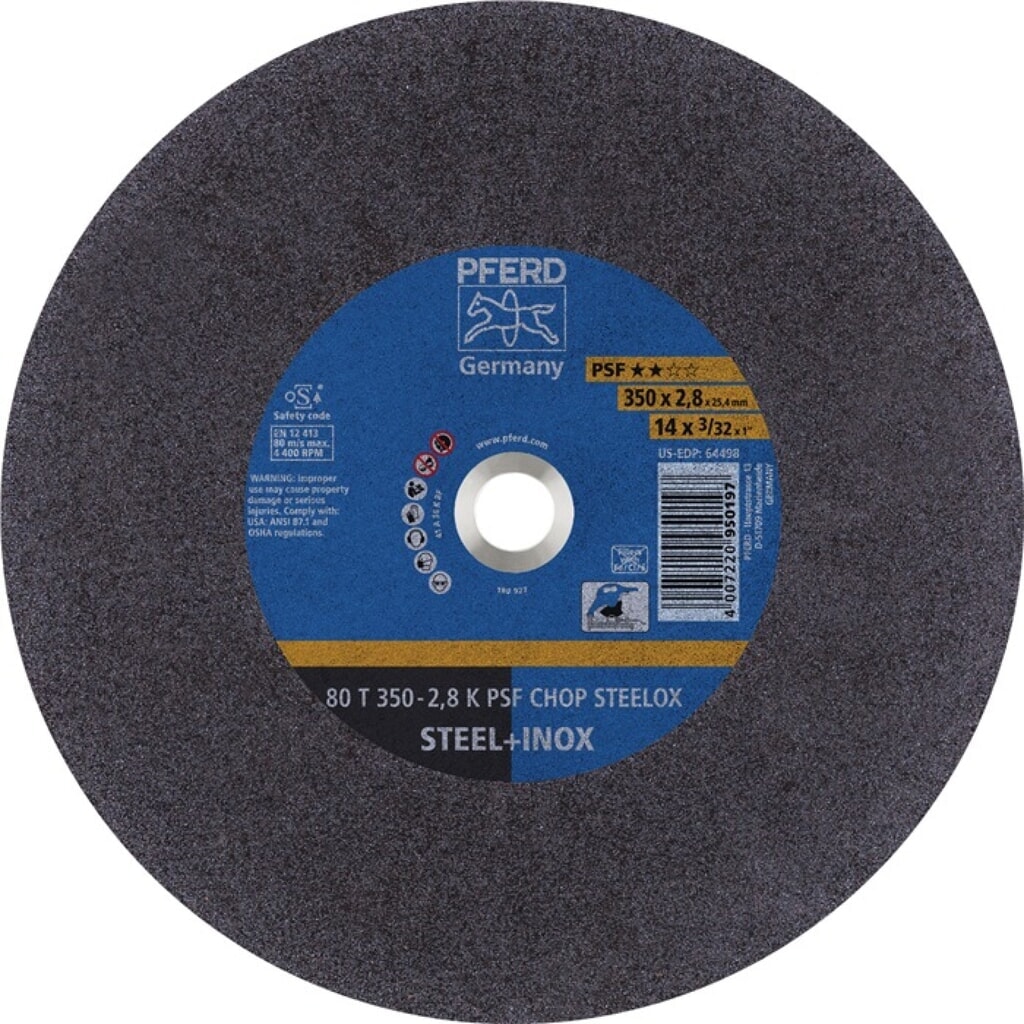 PFERD Trennscheibe PSF CHOP STEELOX D350x2,8mm ger.Stahl/INOX Bohr.25,4mm Produktabbildung: PFERD Trennscheibe PSF CHOP STEELOX D350x2,8mm ger.Stahl/INOX Bohr.25,4mm