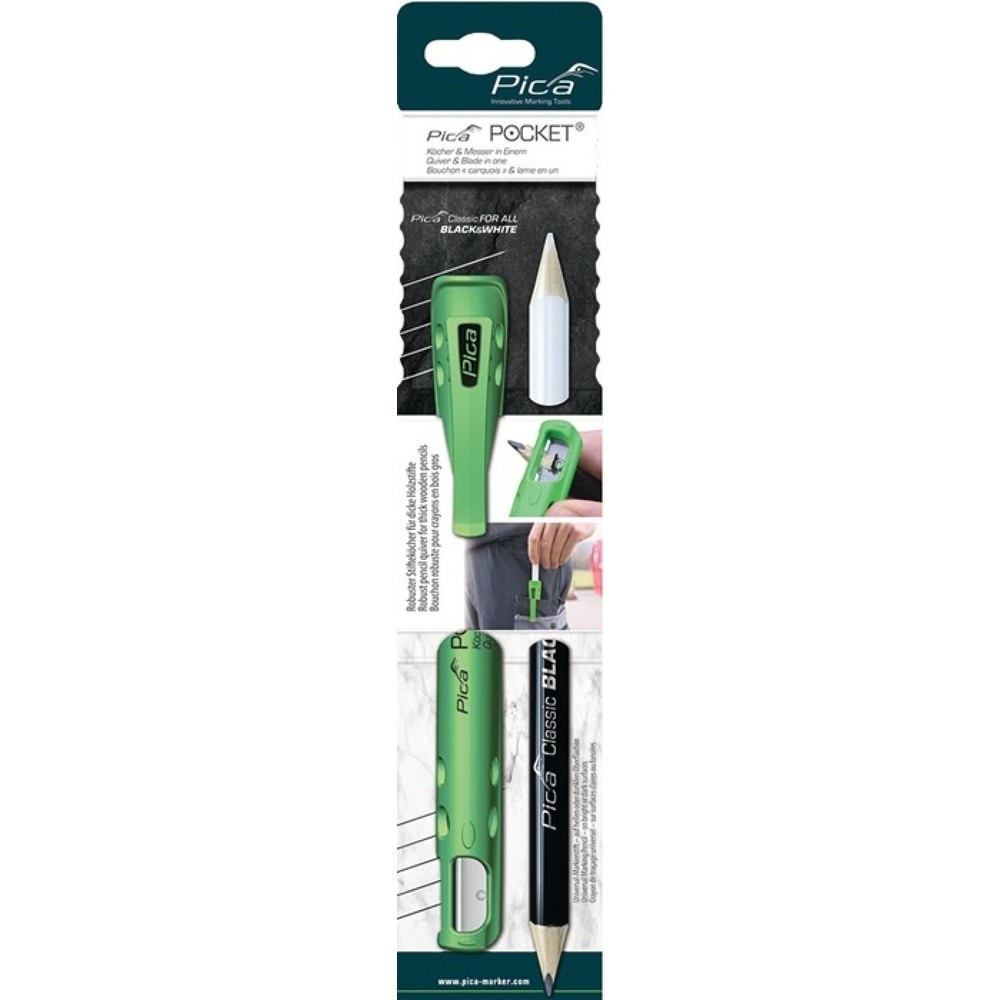 Produktabbildung: PICA Köcher Pocket, mit Spitzmesser, für Blei-/Markierstifte, mit 1 Markierstift Black & White